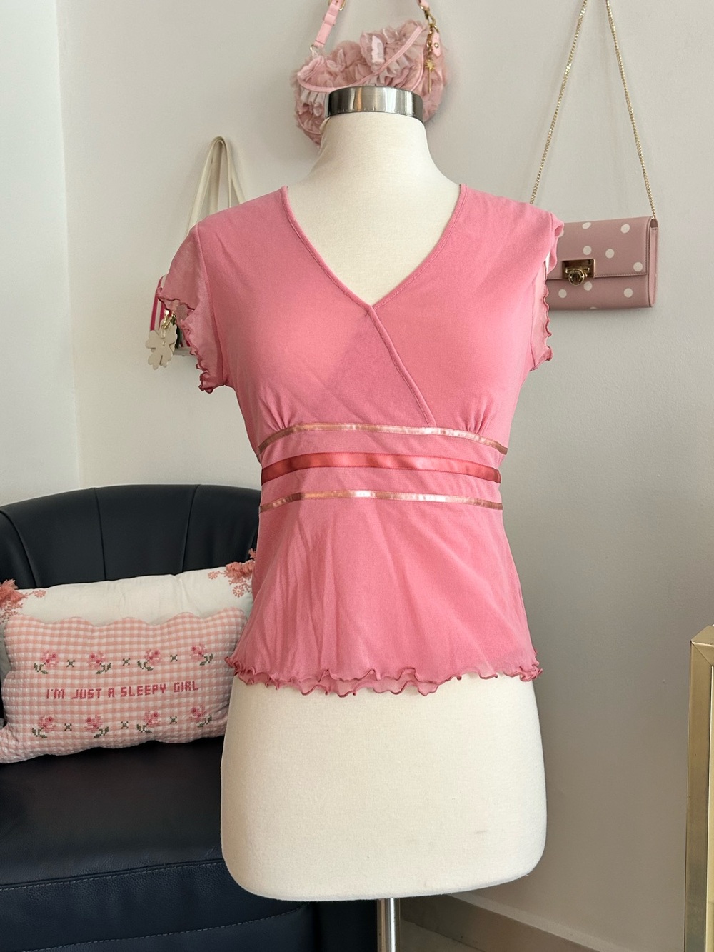 next Pink and White Tie Back Vintage Y2K Pink Trim Top Lace